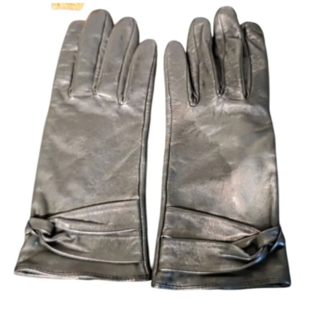 Vintage Leather Gloves Women's Black W/‎ Bow Detail Large Classic Driving